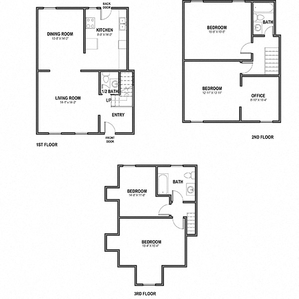 Floor plan for 3 beds, 2.5 baths, 1613 sqft